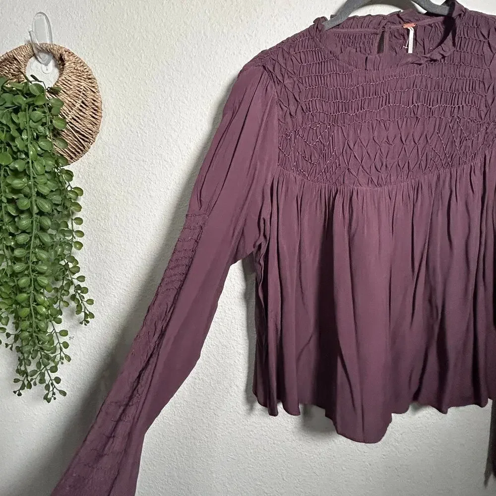 NEW Free People Smocked In Time Long Sleeve Top Plum Dark Academia Size Medium